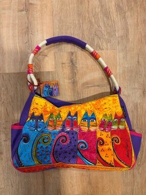 Laurel Burch Vibrant Purple Multi-Cat Printed Shoulder Bag